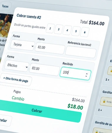 La ventana de cobro de Restware: la cuenta dividida entre dos a seis, un pago con tarjeta y otro en efectivo en la misma cuenta, y el cambio calculado abajo.