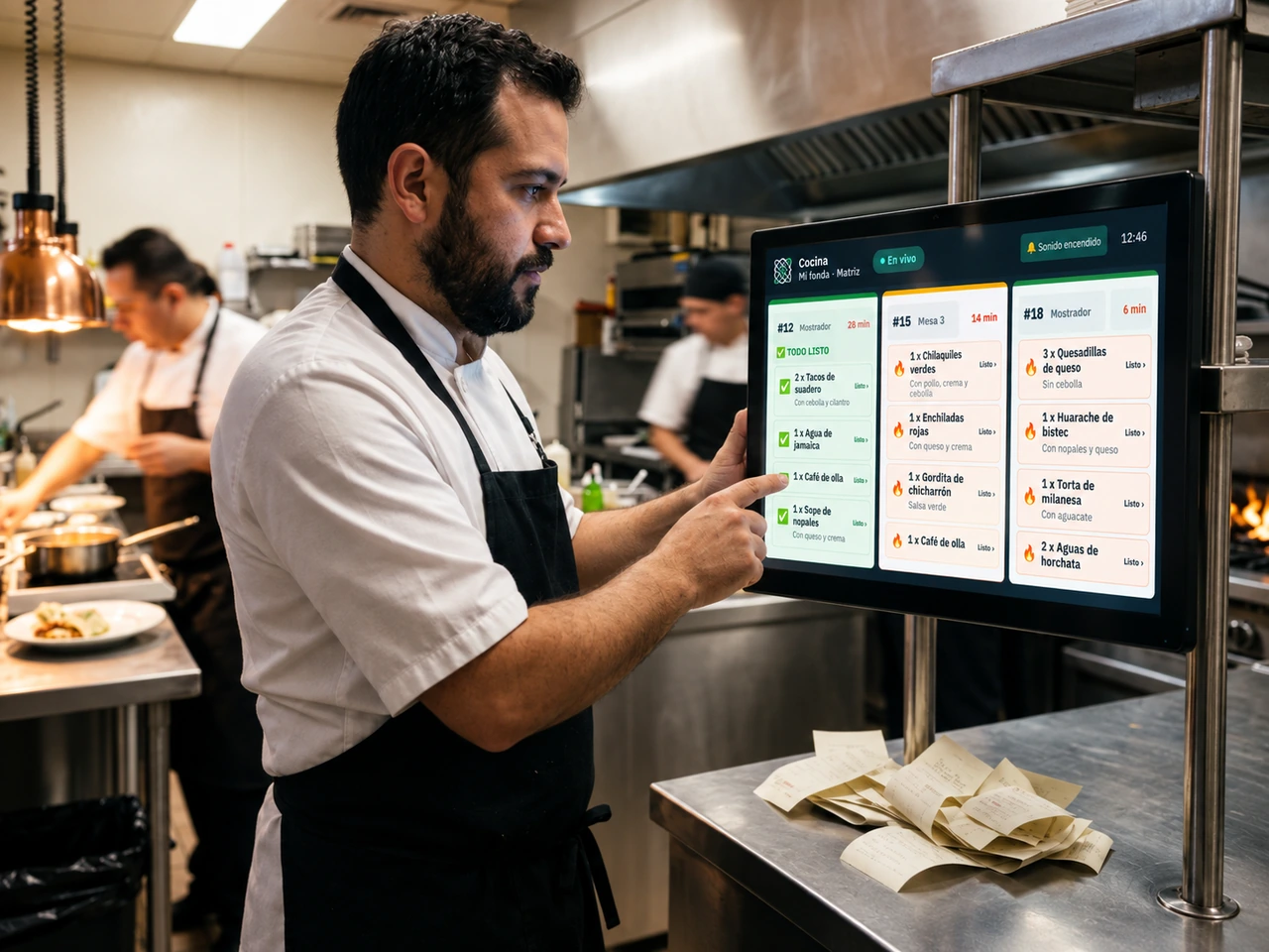 Un cocinero toca la pantalla de cocina de Restware y marca un renglón como listo; en el tablero se ven tres comandas con sus platillos y los minutos que llevan.