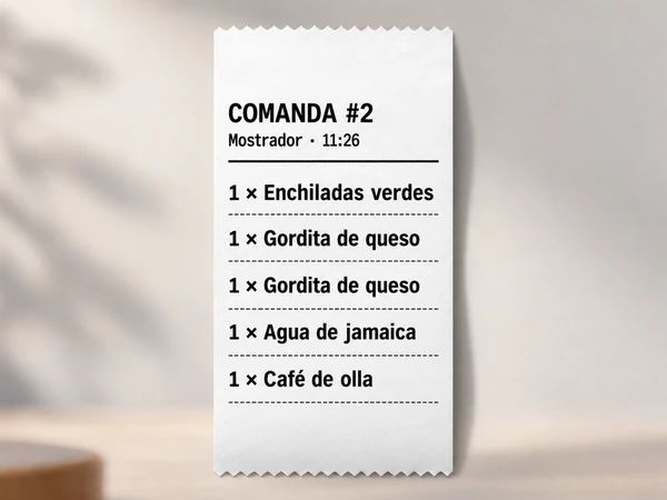 La comanda impresa de Restware: el folio, el canal, la hora y los cinco renglones del pedido, cada uno con su cantidad.