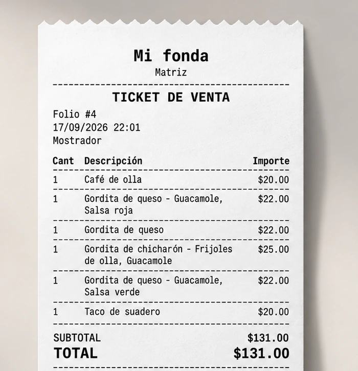 El ticket de venta impreso de Restware, con el nombre del negocio y su sucursal, el folio, la fecha, los renglones con su importe y el total.